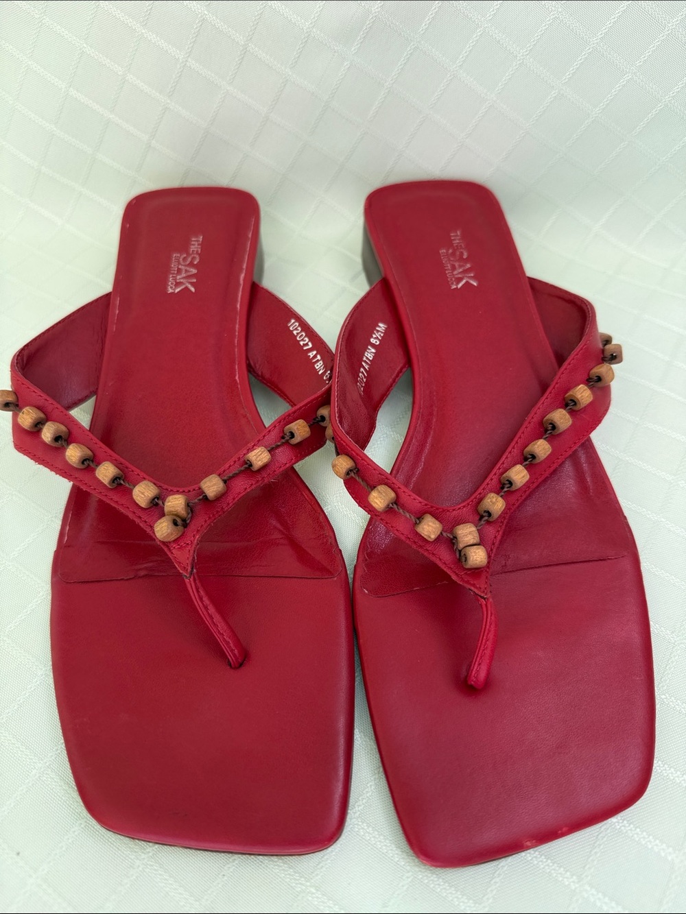 The Sak Vintage Dark Red Leather Wood Beaded  Square Toe-Post Sandals